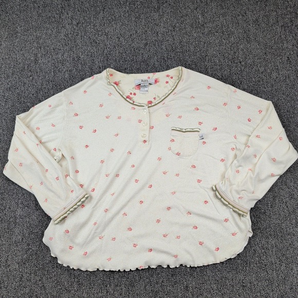 Karen Neuburger VTG XL Cream Floral Henley Sleep Top Cottagecore Lettuce Edge — photo 2